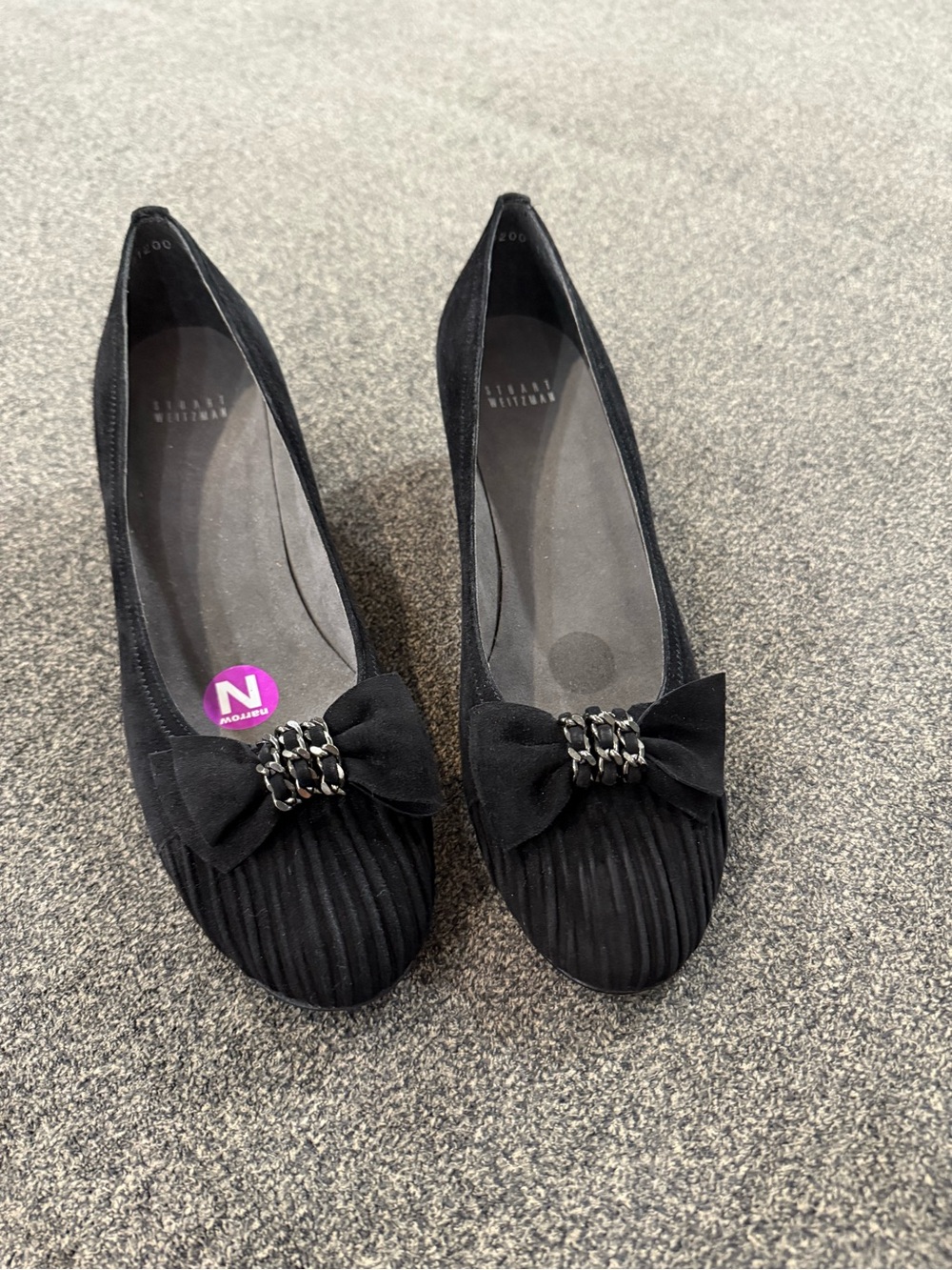 NWT Stuart Weitzman Black Suede Bow-Accent Flats with Chain Detail